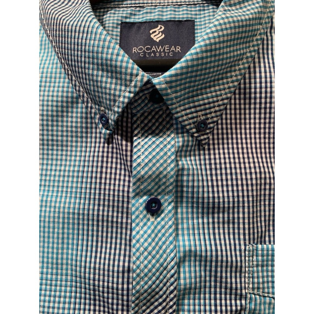 3XL Rocawear Classic Western Navy/White/Aqua Fade Checks Button Down Long Sleeve